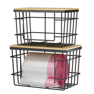 2 Pack Storage Stackable Kitchen Laundry Organizers with Bamboo Top, Large Trash Bag Holder and Standard Garbage Bag Dispenser,Storage Stackable Kitchen Laundry Organizers with Bamboo Top, Large Trash Bag Holder and Standard Garbage Bag Dispenser