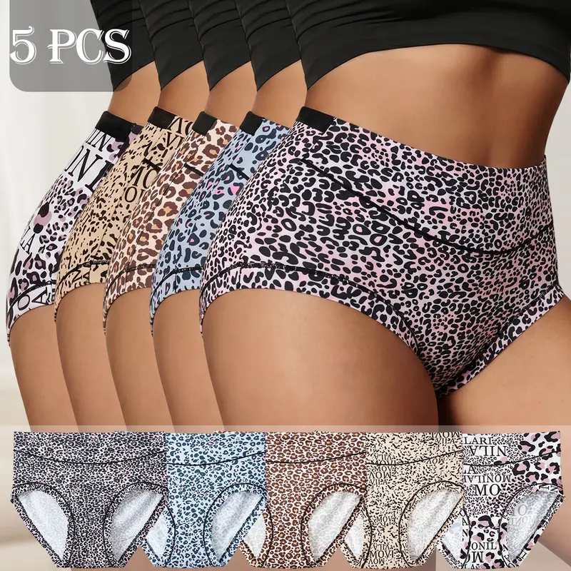 QUASTI Women's Plus Size 5PCS Mixed Colors High Waist Panty Set - Bold Leopard Look, Lightweight Soft Polyester Breathable Knickers, Skin-Friendly Comfort Knit, Full Coverage Casual Comfy Daily Essential Underwear (1XL-4XL) Womenswear
