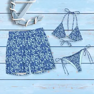 Matching Couple Swim Trunks & Bikini Set, Blue Coastal Ocean Print Board Shorts, His and Hers Beach Vacation Swimwear, Summer 2026