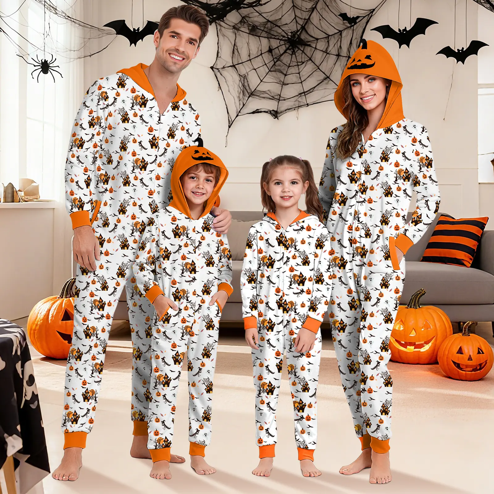 CARETOO Essential Matching Traditional Halloween Family Pajama Onesies - Hooded, Fitted, Long-Sleeve Jumpsuits with Allover Cartoon Patterns, Comfortable Fabric for Men, Women, Kids
