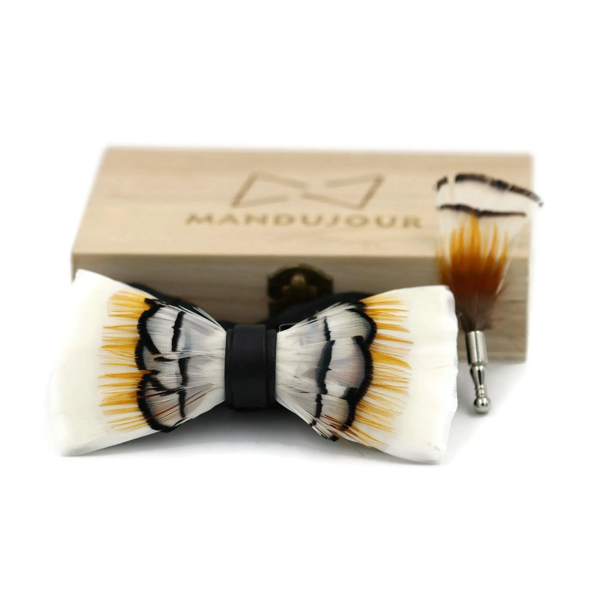White Yellow Scaly-Sided Merganser Feather Bow Ties lapel Pin Set