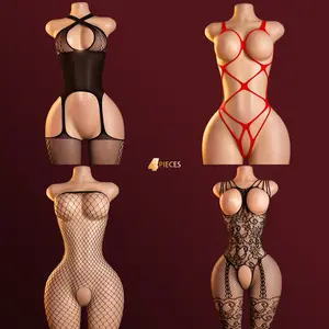 Women's 4-Piece Elegant Lingerie Set with Bodysuit, Black Mesh Corset, Red Lace, and Fishnet Garter - Basic Minimalist Intimate Apparel in Mixed Colors, Featuring Babydoll, Floral Christmas, Teddy, and Halter Neck Styles Womenswear Clothes q womenswear
