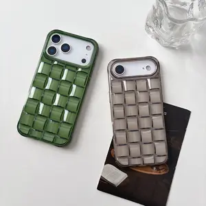 Fashion Stereoscopic Green Woven Plaid Convexity Soft Transparent Cube Pattern Cover Protective Casing Phone Case for iPhone 11 12 13 14 15 16 17 Pro Max