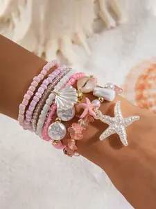 Set of Six Bohemian Resin Starfish Pendants, Irregular Faux Pearls & Clay Beads, Pearl Bracelet, Ideal for Women's Jewelry & Party Accessories