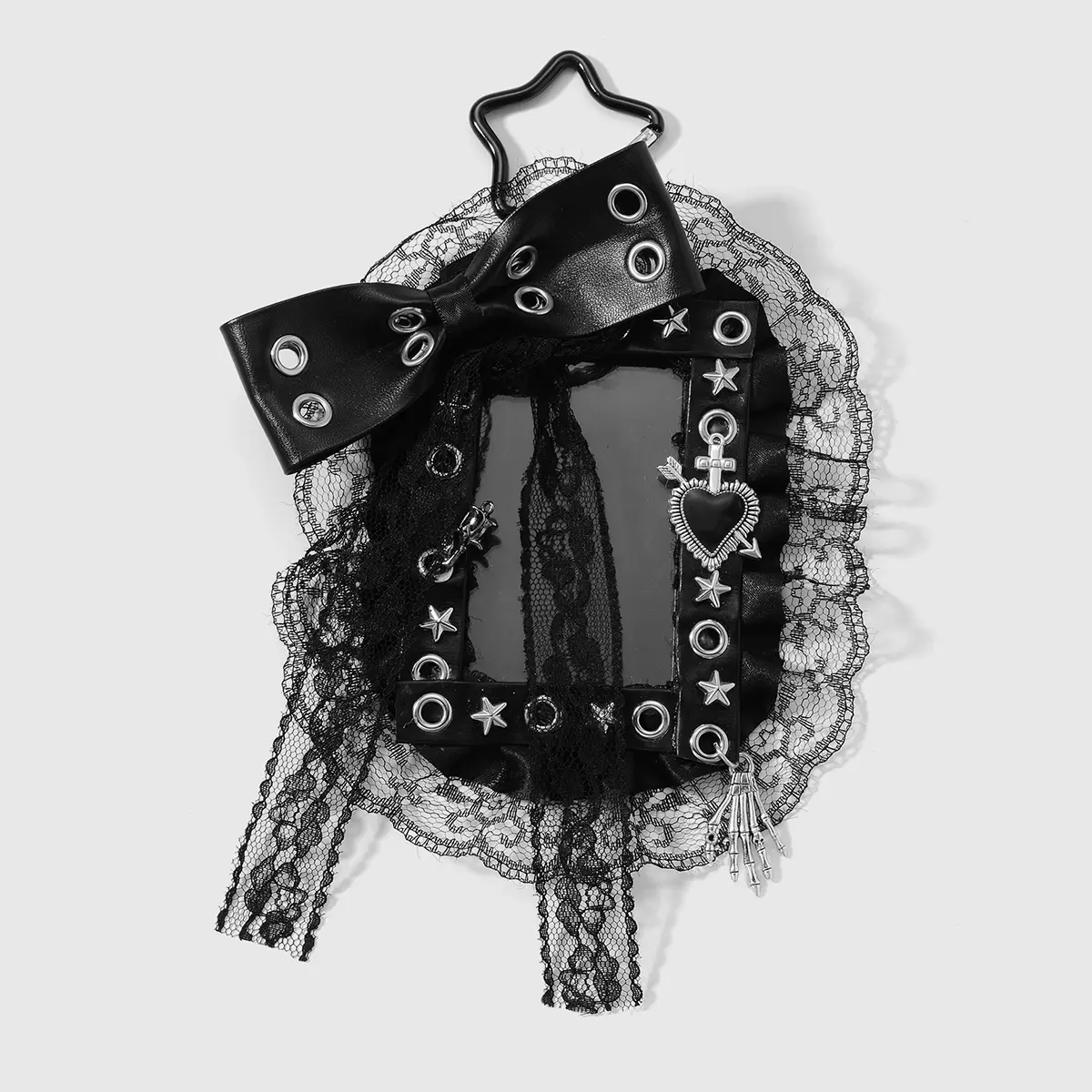 1 piece Y2K punk retro dark gothic black leather eye charm bow stud star lace trim wings cross bat rose slider card holder campus cards celebrity card holders DIY keychain bag pendant