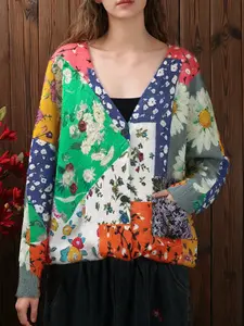 【Plus Size】Colorblock Floral Print Button Front Sweater Cardigan, Casual Long Sleeve V Neck Cardigan, Women's Fall & Winter Knit Clothing for Daily Wear