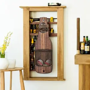 Industrial Wood & Steel Wall Mount Beer Opener with Metal Cap Basket - 9.85x3.15" Rustic Bar Decor for Outdoor Parties, Beer Gardens & Commercial Use Utensils Cutting Kitchen