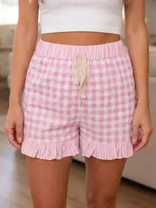 Women's Pink Gingham Shorts - High Waisted Ruffle Hem Plaid Shorts with Lace Tie, Casual Summer Elastic Waist Checkered Shorts