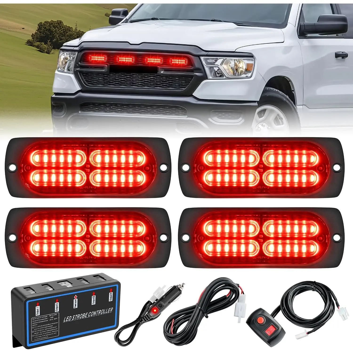 Nilight 4PCS 24LED Strobe Flash Car Light Bar, 12V-24V Double Row LED Work Lights with Aluminum Base, Sync Feature, Red Safety Alerts, Controller, Plug-and-Wire Installation, Surface Mount for Trucks, Light Bar Car