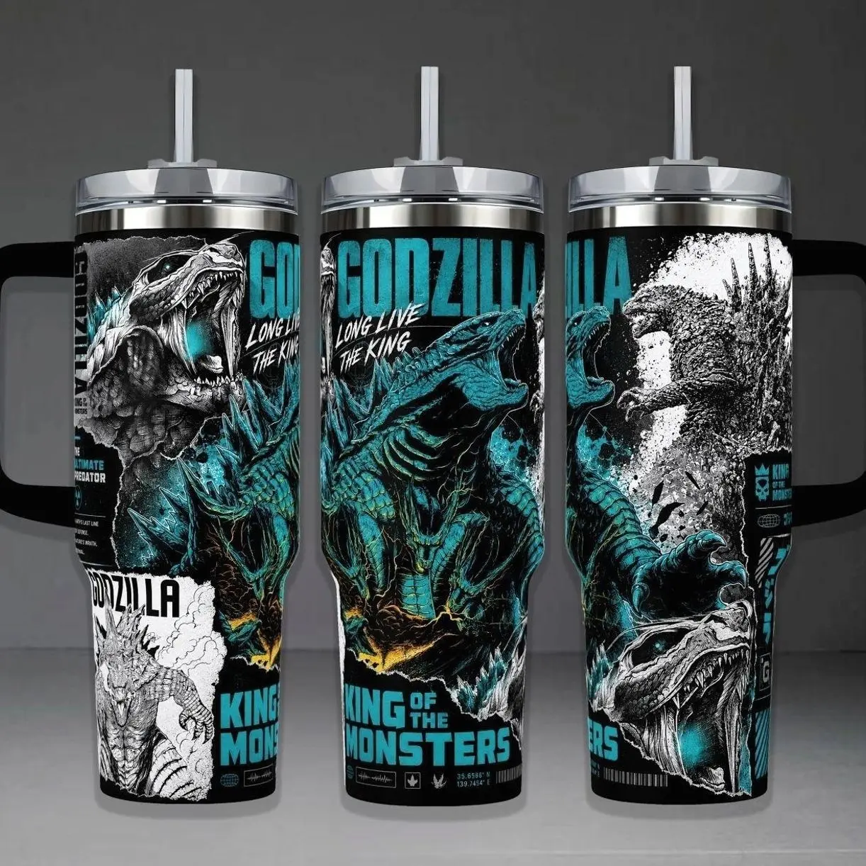 Godzilla King of the Monsters Kaiju Tumbler Cup, Blue Black Monster Full Wrap Stainless Steel Insulated Tumbler 20oz/40oz With Straw Lid Included, 40oz Handle Option