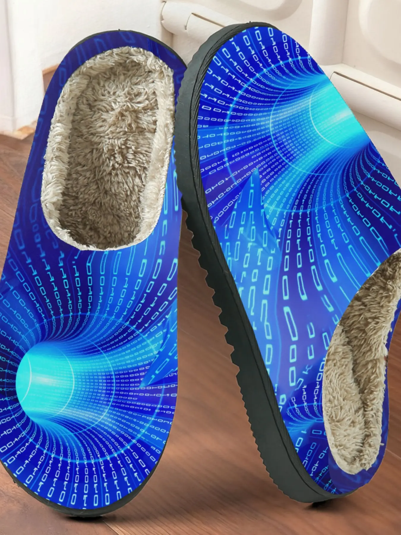 Future Tech Style Digital Tunnel Print Cotton Slippers, Fuzzy Lined Anti-Slip Thick Sole, Warm Home Shoes for Men & Women Fall Winter
