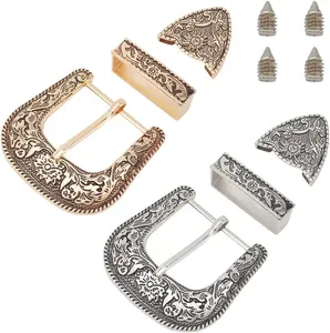 2Sets Belt Buck Set 1.5 Inch Western Cowboy Buckle Set 3 Piece Alloy Belt Buckle Set Antique Gold/Silver 2 Styles for Replacement Men Women Belt