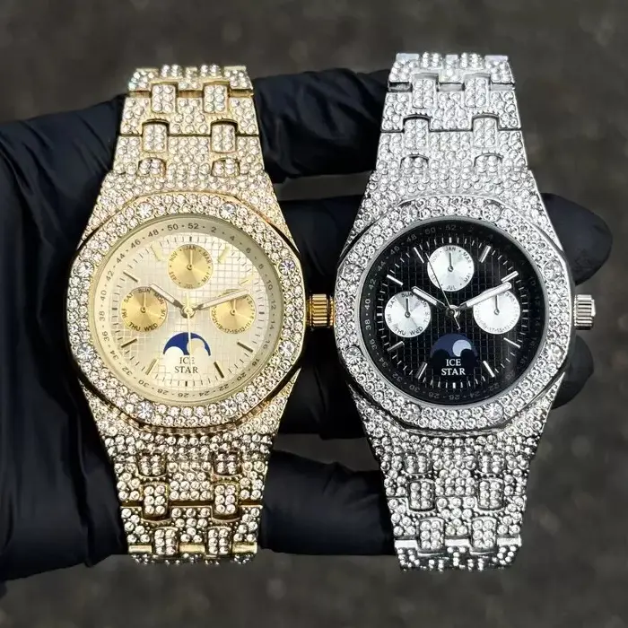 MaxBling81 Men's Luxury Quartz Metal Round Analog Iced Out Watch - 42mm Silver Plated Case, Stainless Steel Full Stone Band with Removable Links, Fold Over Lock, Gift Box Included, Waterproof, Iced Out Look, Gift Box Incl., Round Face, Luxury Look, Male W