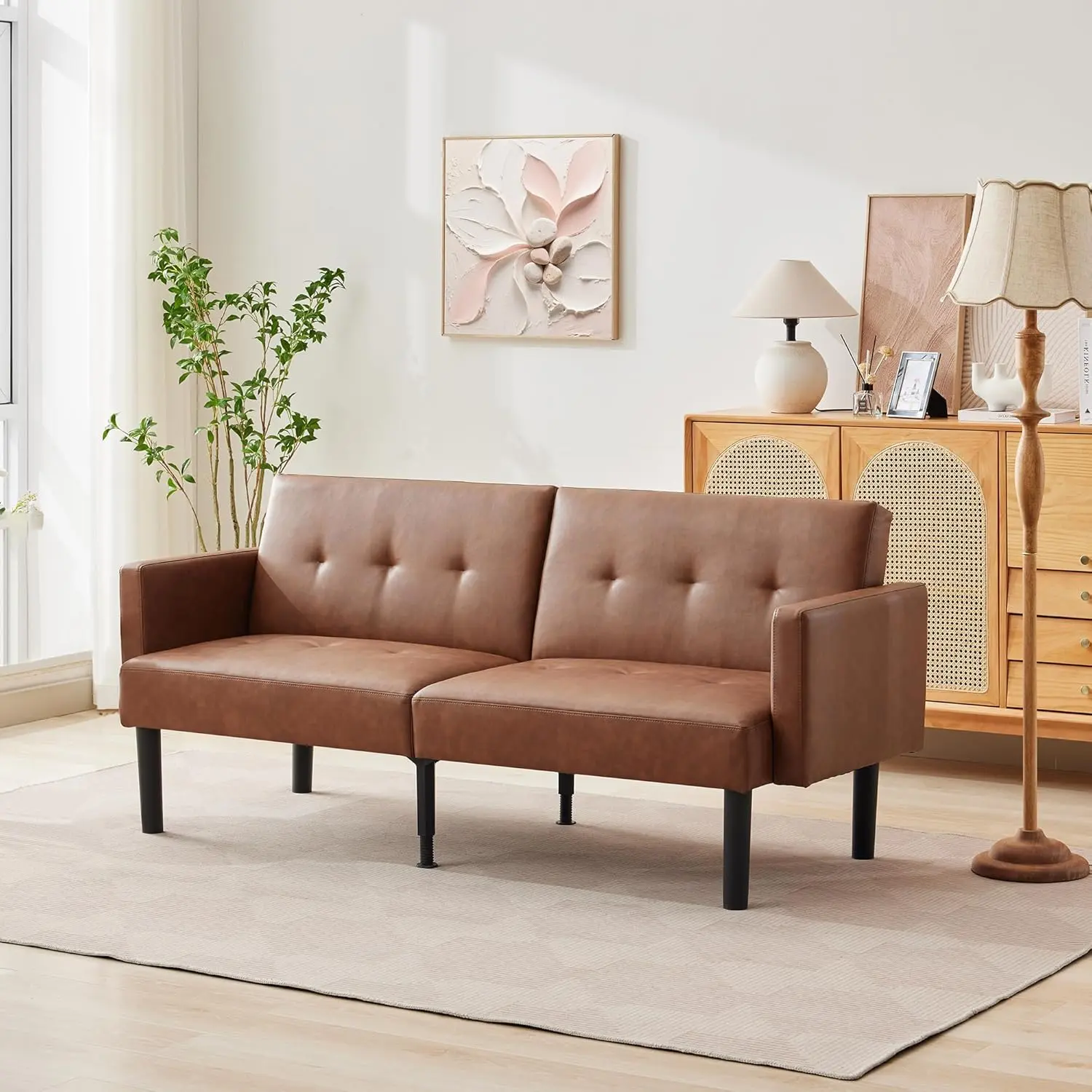 3-Seater Modern Mid-Century Compact Chevron Tufted Artificial Leather Futon Convertible Sofa Bed - 3 Adjustable Backrest Angles, Foam Cushioning, Apartment Furniture, Indoor Living Room Lounge Furniture, Artificial Leather Sofas & Couches, Dorm