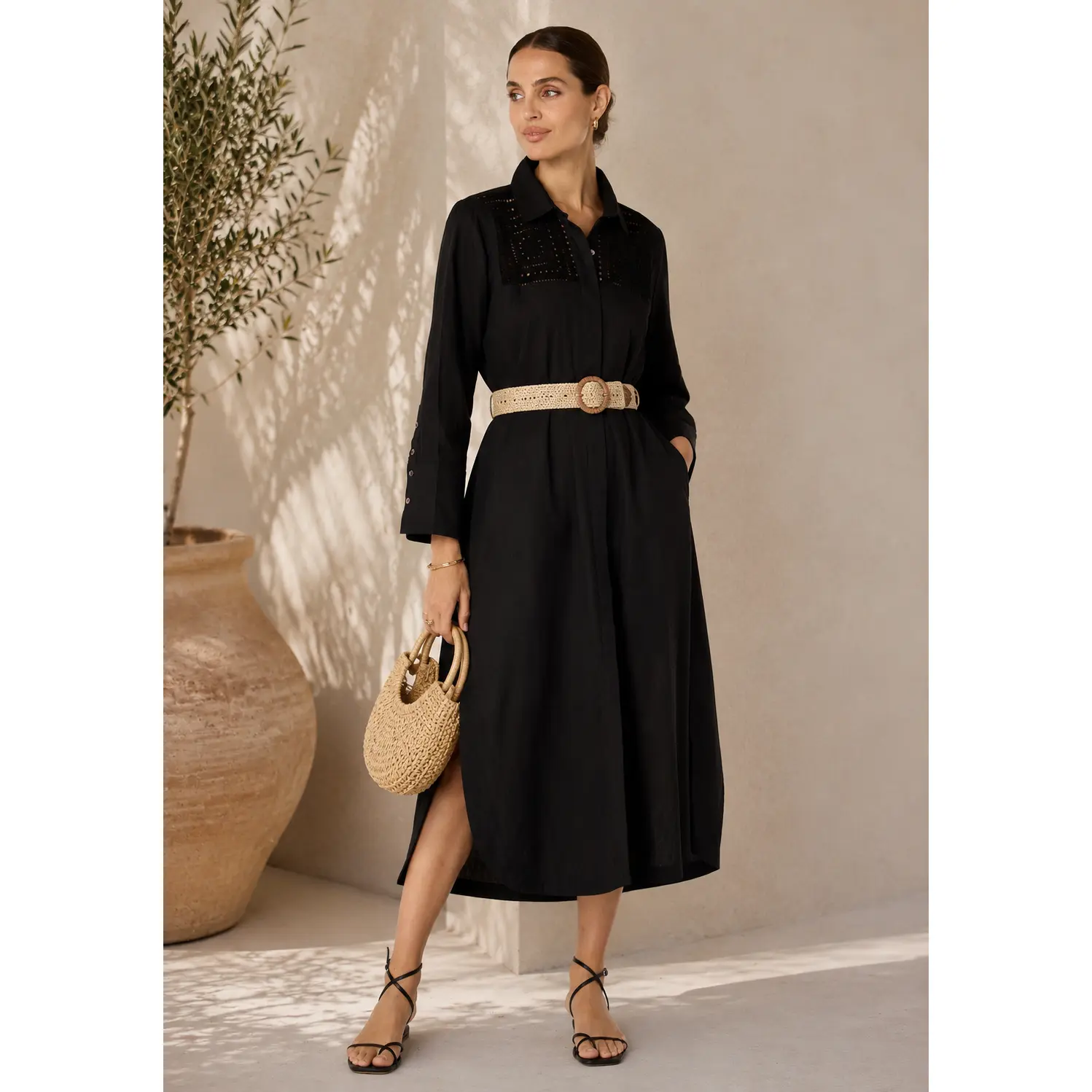 Women's Tailored Black Poplin Shirtdress with Longsleeves, Belted Waist, Side Slits and Contrast Lace Accents, School, Uniform-Style, Casual, All Seasons, Choir Practice, Regular Sleeve, Daily, Fitted, Everyday, Client Calls, Long Sleeves