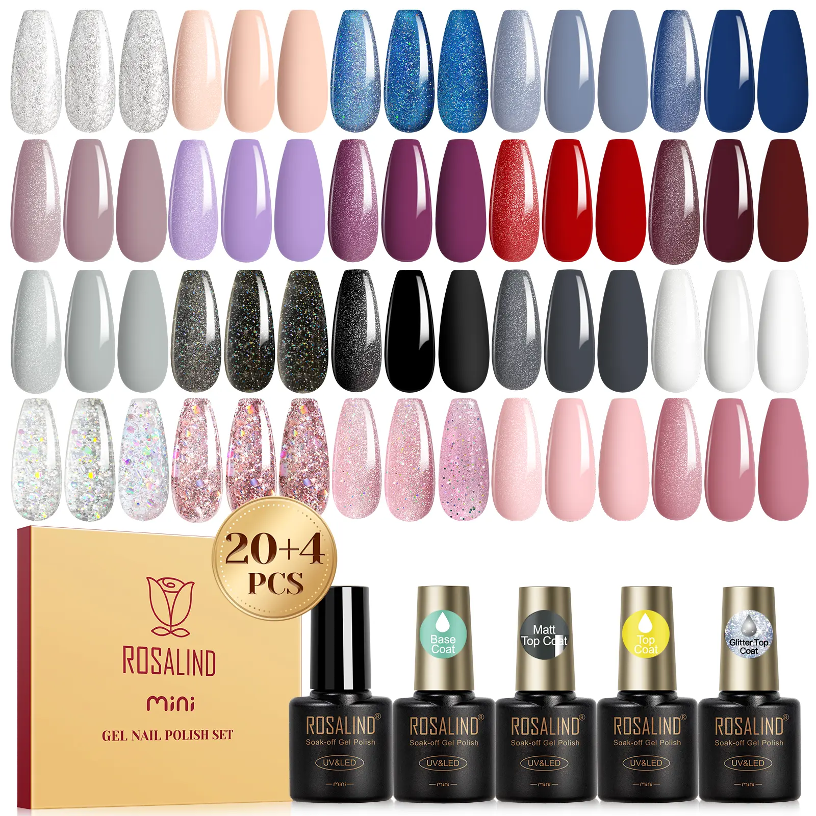 ROSALIND Gel Nail Polish Set- 20Color Cutics Clear Manicure Gel and 4 Bottles Base Coat and Glitter Glossy Matte Top Coat Cosmetic Gel Polish Kit Gifts for Nail Art Design,Use Lamp to Dry