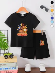 Summer Boys' T-Shirt Short Sleeve + Loose Shorts Set, Freddy Fazbear's Pizza Cartoon Animal Pattern, Casual Fit, Ages 2-7, Toddler Outfit