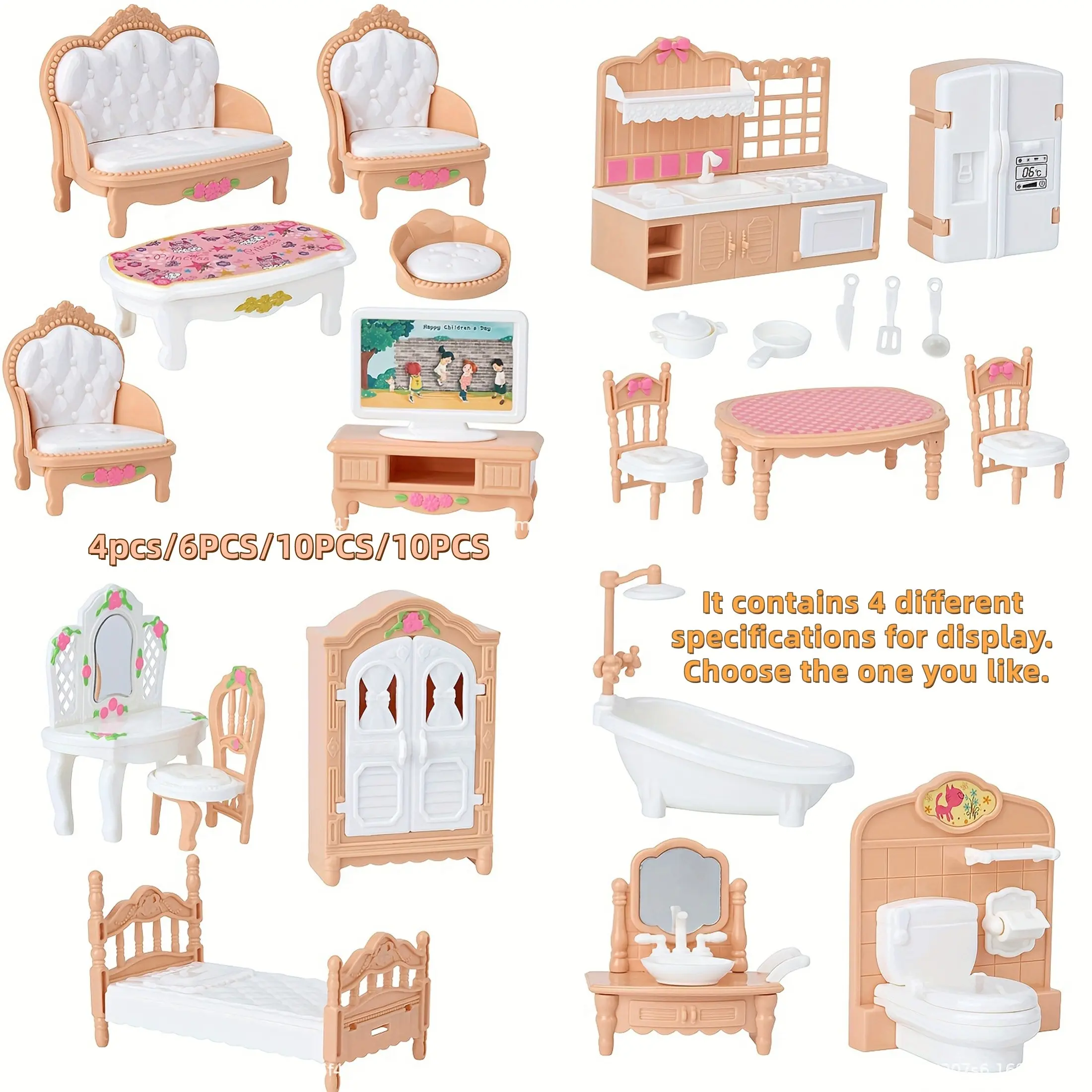 Mini Doll Furniture Set for Kids, 4 Room Themes Kitchen Play Set for Educational Role Play, Perfect Gift for Birthdays & Christmas, Miniature Furniture, Doll Playsets, Doll House Furniture