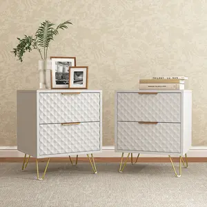 Spaco Nightstands  Set of 2, Side Table with 2 Rhombus-Shaped Decorated Drawers, End Table with Gold Legs and Handles, Wood Accent Table with Storage for Bedroom, White, 2 pcs