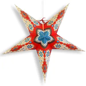 24 Inch Paper Star Lantern, Red White Blue Patriotic Flare KIT with Pendant Light Included