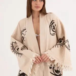 Kate Black multi eye  Cotton Robe - 100% Organic Cotton, OEKO-TEX Standard 100 Certified, Lightweight, Quick Drying, Hand-Wood-Printed, Unisex, One Size Fits Most Loungewear Nightwear Womenswear Comfort
