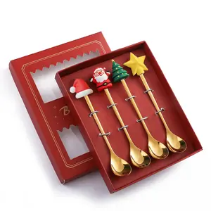 4Pcs Christmas Coffee Spoons Gold Color with Red Box Premium Stainless Steel for Coffee Ice Tea Cake Ice Cream & Cocktail Stirrers Christmas Theme Set