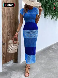 Spring Summer Elegant Knit Short Sleeve Round Neck Cut Out Long Dress, Casual Comfy Chic Striped Beach Vacation Dress, Fitted Style