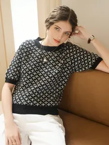 Elegant Women's Spring Summer Fashion Casual Home Leisure French Style Knitted Diamond Pattern Ribbed Round Neck Short Sleeve Pullover Tee Shirt