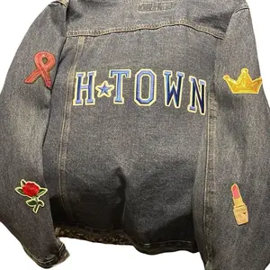 Que b Custom Clothing - Denim Jacket with "H TOWN" Patch, Various Designs, No Front Pocket, No Sleeves