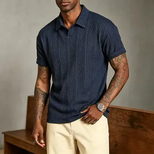 Men’s summer casual polo shirt with double diamond rice grain stripes pattern, available in plus sizes; collared short-sleeve knit top suitable for business, commuting, everyday wear, and going out; versatile, mature-casual style, comfortable men’s top—to