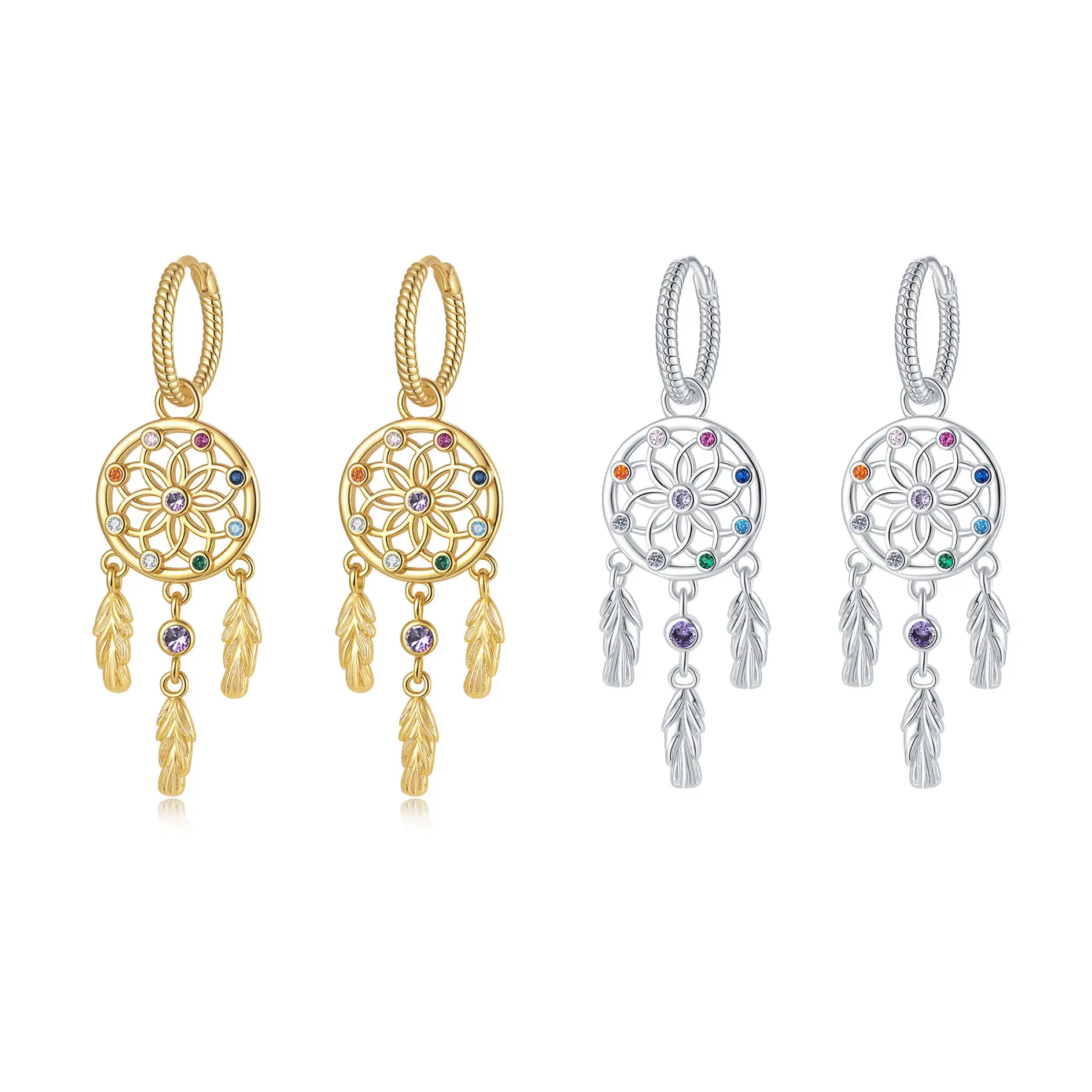 Sterling Silver / 18K Gold Plated Dreamcatcher Dangle Earrings for Women, Boho Colorful CZ jewelry Feather Hoop Drops, Gift for Wife, Girlfriend, Daughter — Perfect for Birthday, Christmas, Valentine’s Day