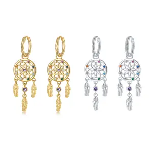 Sterling Silver / 18K Gold Plated Dreamcatcher Dangle Earrings for Women, Boho Colorful CZ jewelry Feather Hoop Drops, Gift for Wife, Girlfriend, Daughter — Perfect for Birthday, Christmas, Valentine’s Day