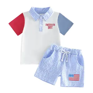Babamoon Kids Toddler Baby Boys 4th of July Outfits Set American Boy Embroidery Patchwork Short Sleeve T-Shirts Tops Shorts 2Pcs Clothes Set
