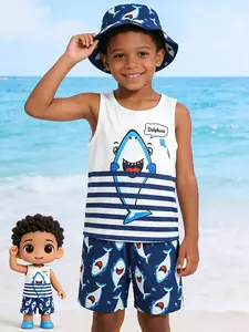 Boys Cartoon Shark Print Round Neck Vest Top + Shark Pattern Shorts + Hat Casual Set, Perfect for Daily Wear and Beach