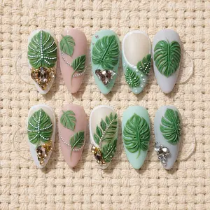 Tropical Monstera Leaf Press On Nails | 3D Botanical Green Nails | Luxury Nature Inspired Handmade False Nails
