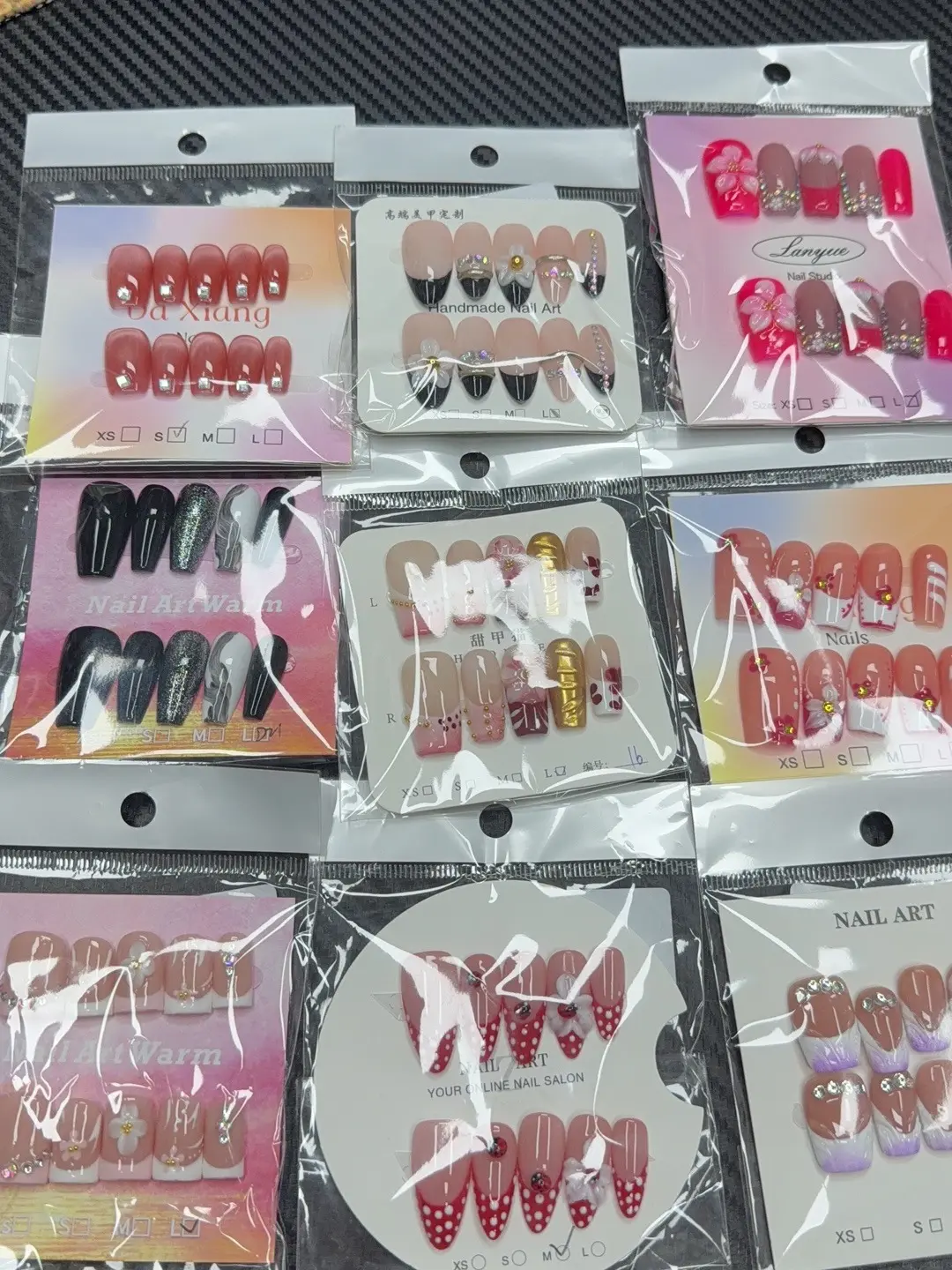 Mango(4681)gc.30$ can get 15 pairs of nails.We have different shapes and different styles