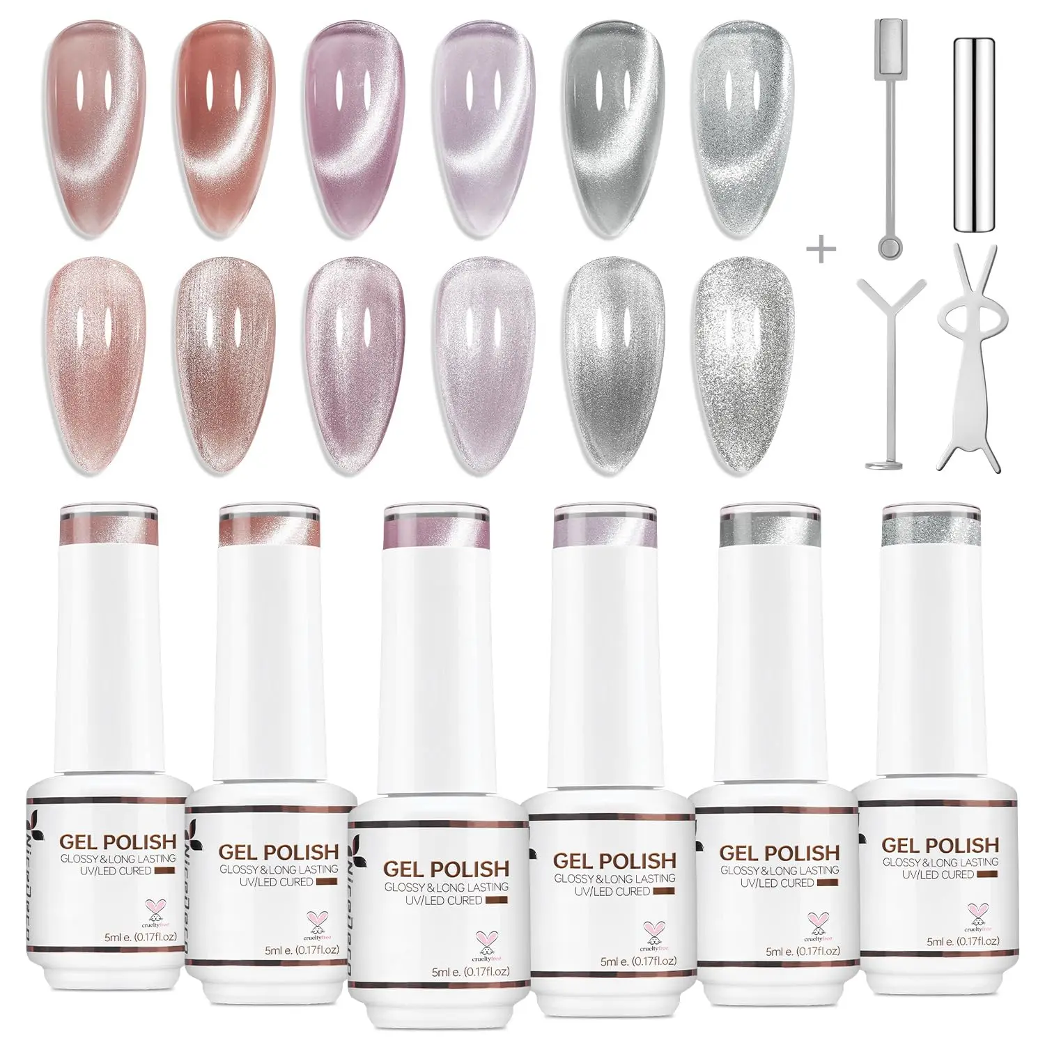 Nicedeco 6PCS 5ml Transparent Pink Magnetic Cat Eye Gel Polish Kit with Magnet - Glossy Crystal Effect, Reflective Jelly UV Gel Manicure, Glitter Nail Polish, Brilliant Shine, Long-Lasting for Salon & DIY, Brilliant Shine Polish