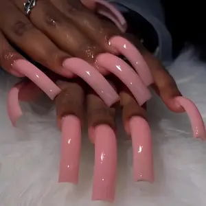 20Pcs Long Curved Press on Nails Pink Square Glossy False Nails French Nail Tips XXL Stylish Acrylic Nails Full Cover Stick on Nails For Women DIY Manicuare