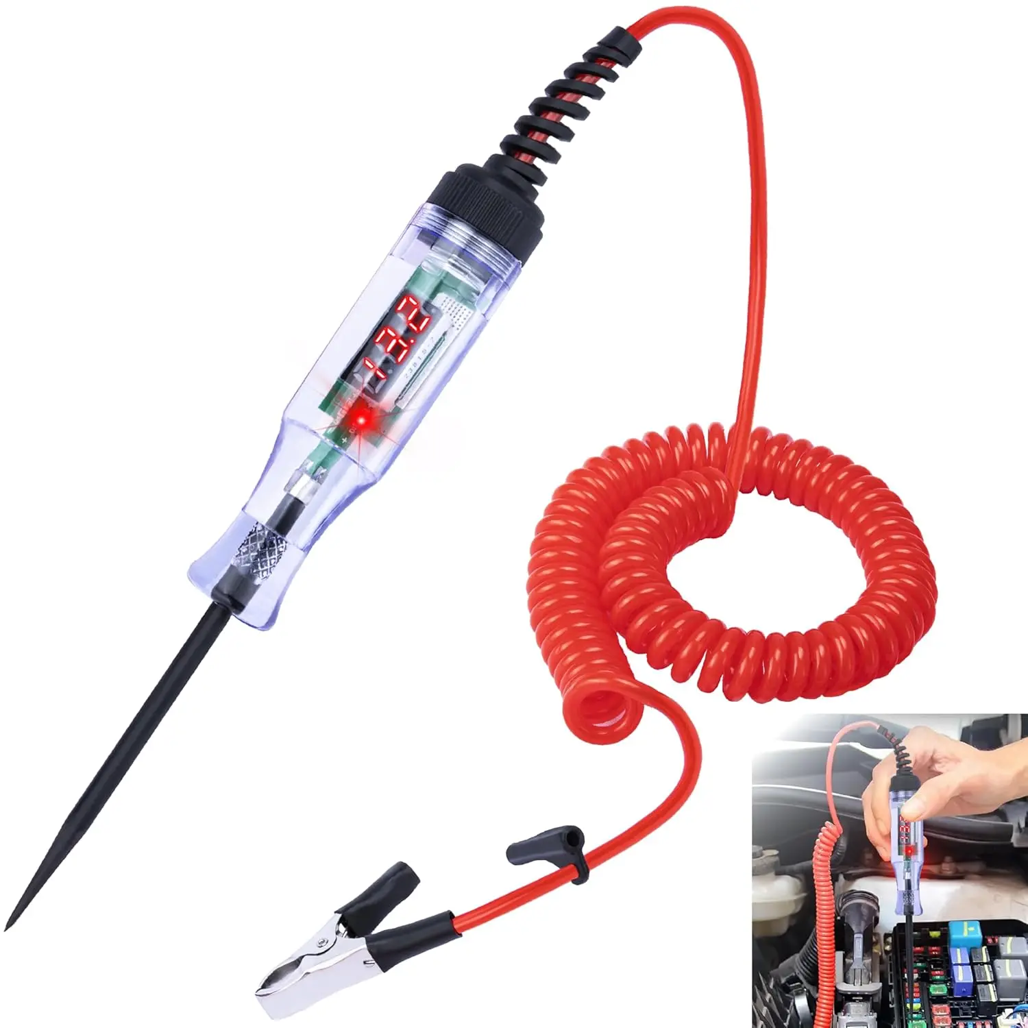 Automotive Digital Test Light with Voltmeter - 5-90V DC Bidirectional Car Fuse Tester, Voltage Check Tool with Extended Spring Wire & Probe for Car/RV