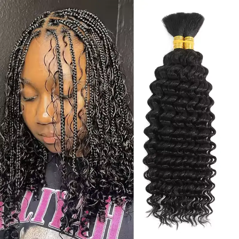 Lucile Human Braiding Hair For Boho Braids 110g Deep Wave Bulk Human Hair for Braiding Knotless 100% Unprocessed Brazilian Virgin Hair Extensions Bulk Bohemian 2 Bundles/Pack Natural Color 18inch