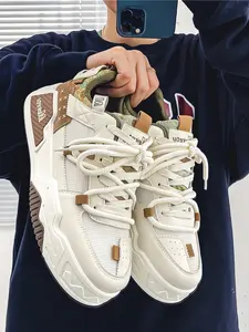 Men's White-Blue-Yellow Color-Block Tech Sneakers, Trendy Deconstructed Style, Mesh Paneling + Platform Non-Slip Sole + Brand Logo, Color-Block Eye-Catching, Unique Style , Ideal for Daily Outfits & Street Leisure Scenarios
