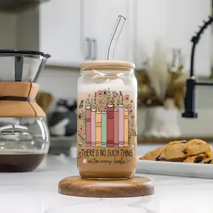 Floral Book Stack Design, 1 Count 16oz Reusable Thickened Durable Glass Cup with Straw & Lid, Fashionable Drinking Cup for Home Office, Bottle, Drinkware