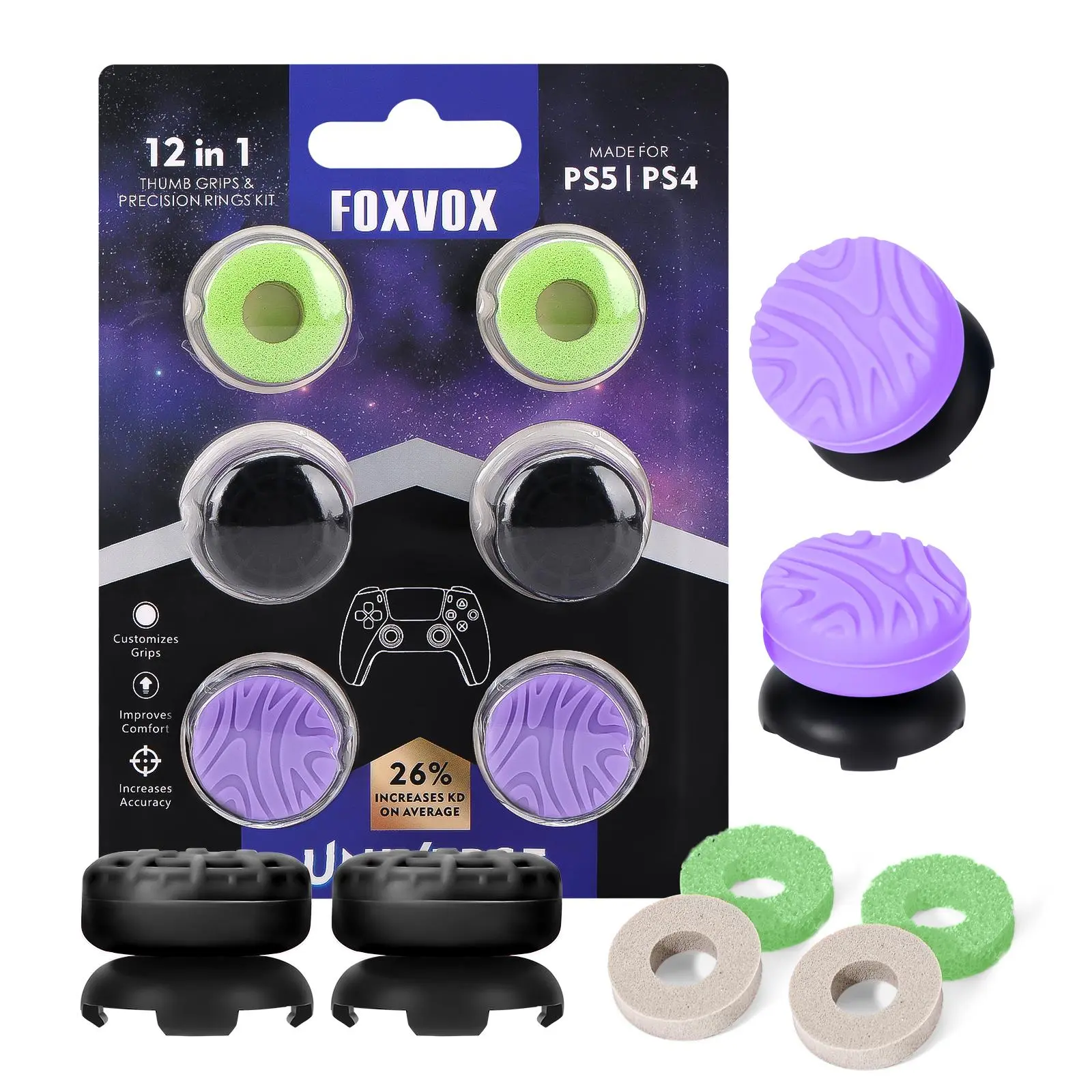FOXVOX FPS 12 in 1 Thumbstick Grips & Precision Rings for PlayStation 4 (PS4) and PlayStation 5 (PS5) Controllers | 4 Performance Thumbsticks | 2 High-Rise, 2 Mid-Rise | 4 Precision Rings