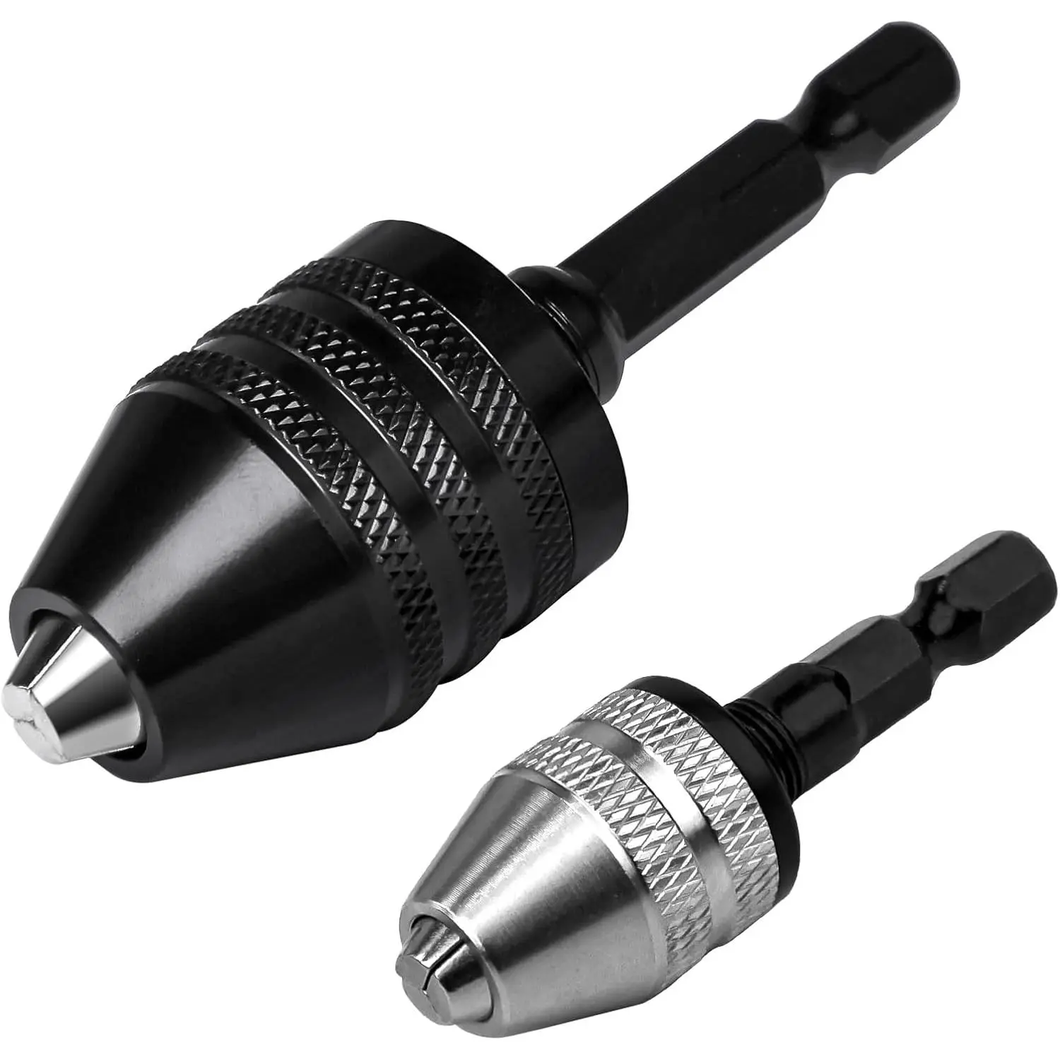 GJANSH 2Pcs Keyless Drill Chuck Adapter Set, 1/4" Hex Shank Quick Change (0.3-8mm) – Fits Impact Drill & Power Tools, Carbon Steel, for Milwaukee, DeWalt, Makita (2-Piece)