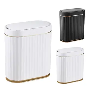 Slimline Automatic Motion Sensor Trash Can for Bathroom Kitchen Office White Gold Trim Compact Functional Hands-Free Operation Home Office Accessory
