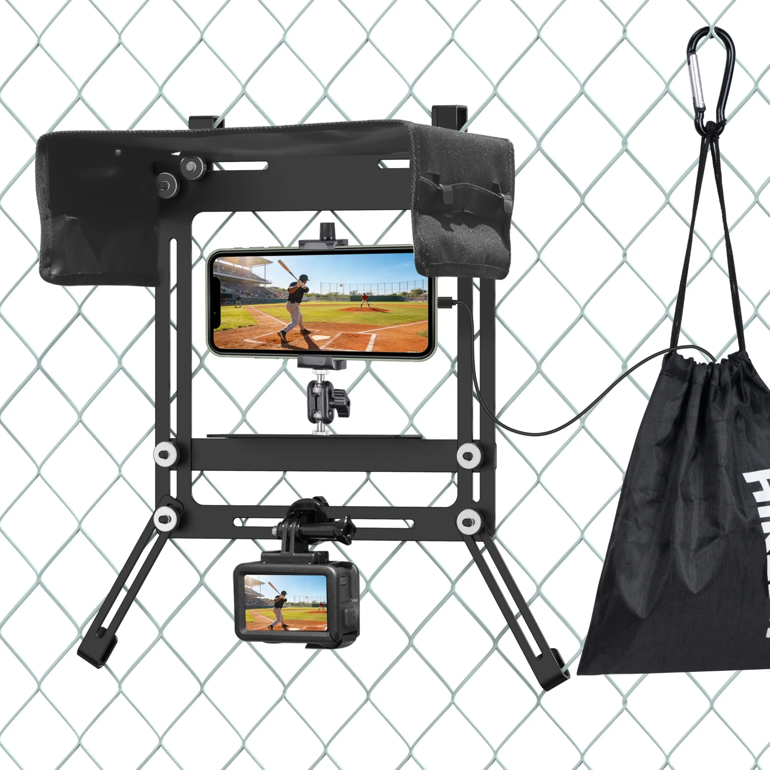 Hikeen Game Changer Fence Mounting Kit - Smartphone/Cellphone/Mobile Stand Accessories with Shade & Power Pocket for Baseball, Softball Recording, Streaming, iPhone, GoPro, Camera Mevo, Outdoor Games