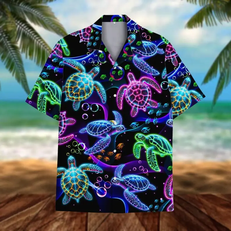 Neon Sea Turtle Hawaiian Shirt: Aloha Summer Beach Button-Down#TikTokMadeMeBuyIt#AmericanStyle#250Years#Casual Outfit#TrendyTee