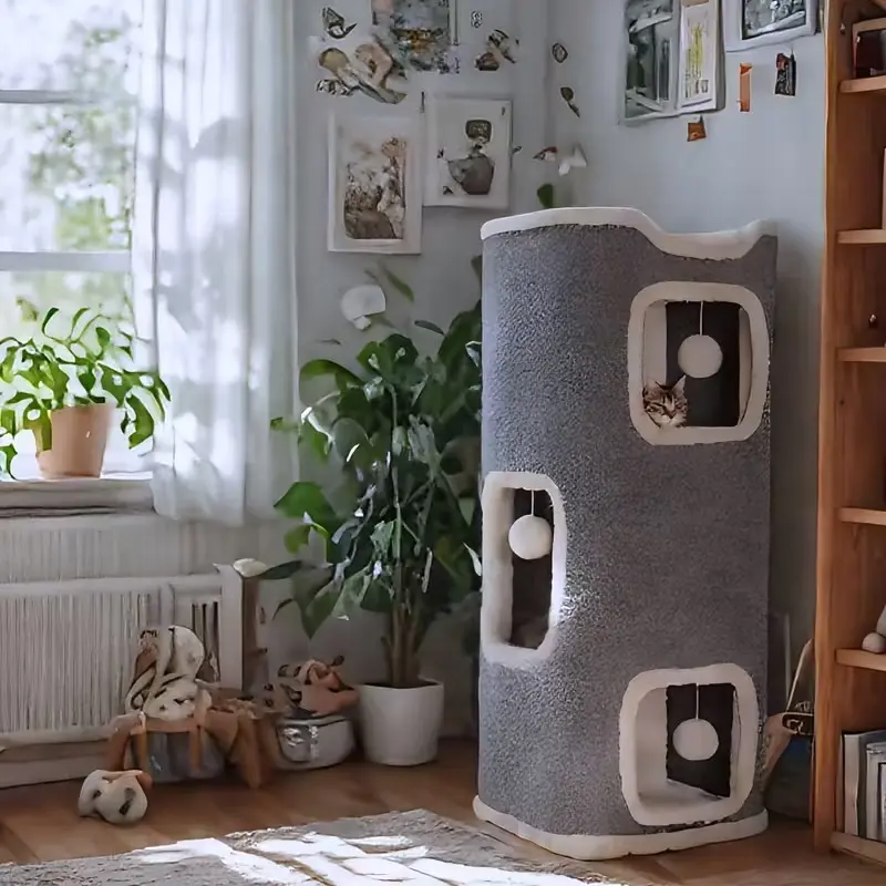 Multi-Level Foldable Cat Trees Tower for Indoor, Cat Houses, for Cat Play Balls, a Soft And Cozy Top Cat Bed, Overall Scratch-Resistant Design, Perfect for Scratching, Cat Hideaway, with Bell Balls