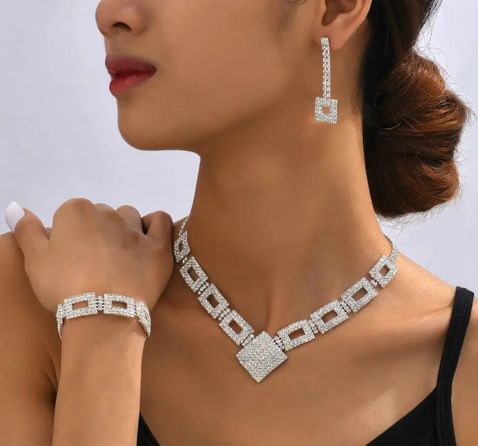 1 Set Sparkling Rhinestones Water Drop Butterfly Imitation Pearl Earrings Bracelet And Necklace Jewelry Set For Party gift