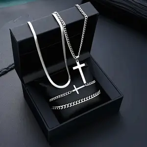 4pcs Men's Stainless Steel Cross and Twist Chain Necklace Bracelet Set / Casual Fashion / Suitable for Casual Attire or Date Night Gift / Casual Attire / Sleek Design,summervibes